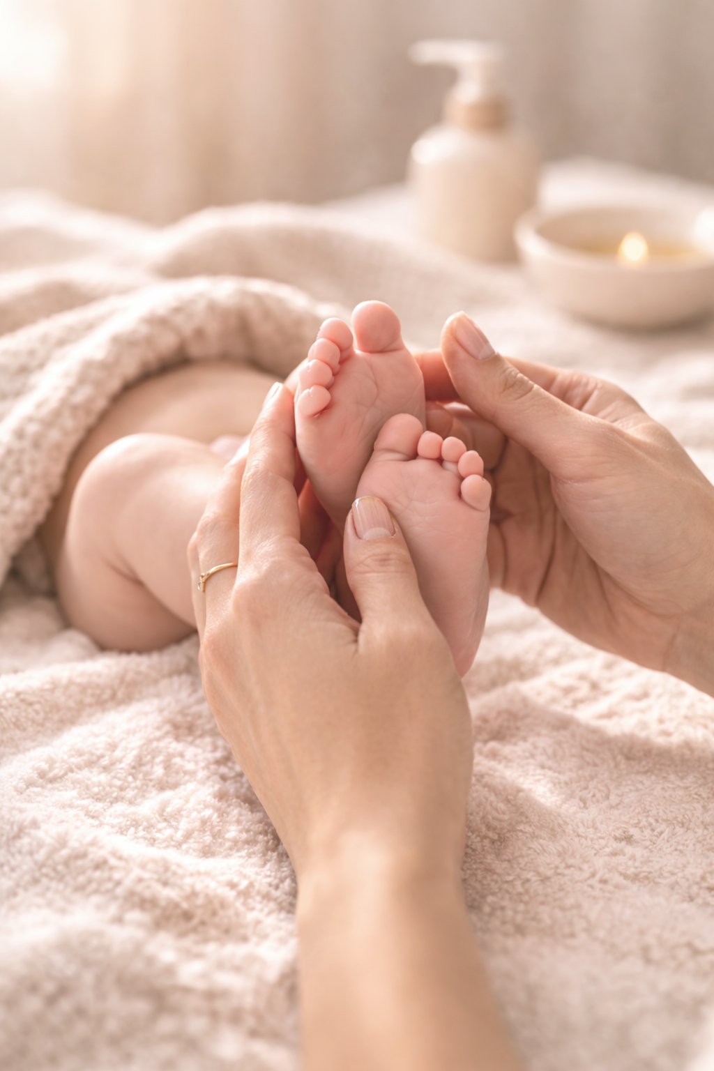 Parent holding baby’s feet during a gentle baby massage session