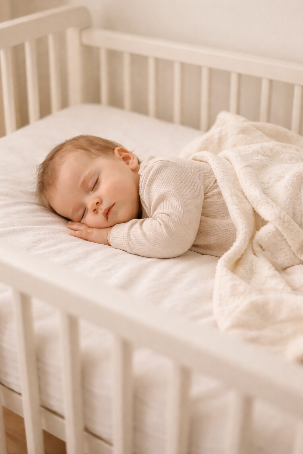 Sleeping baby in a calm nursery with soft natural light