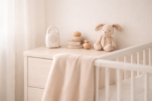 Soft neutral nursery with cot in calm, natural light