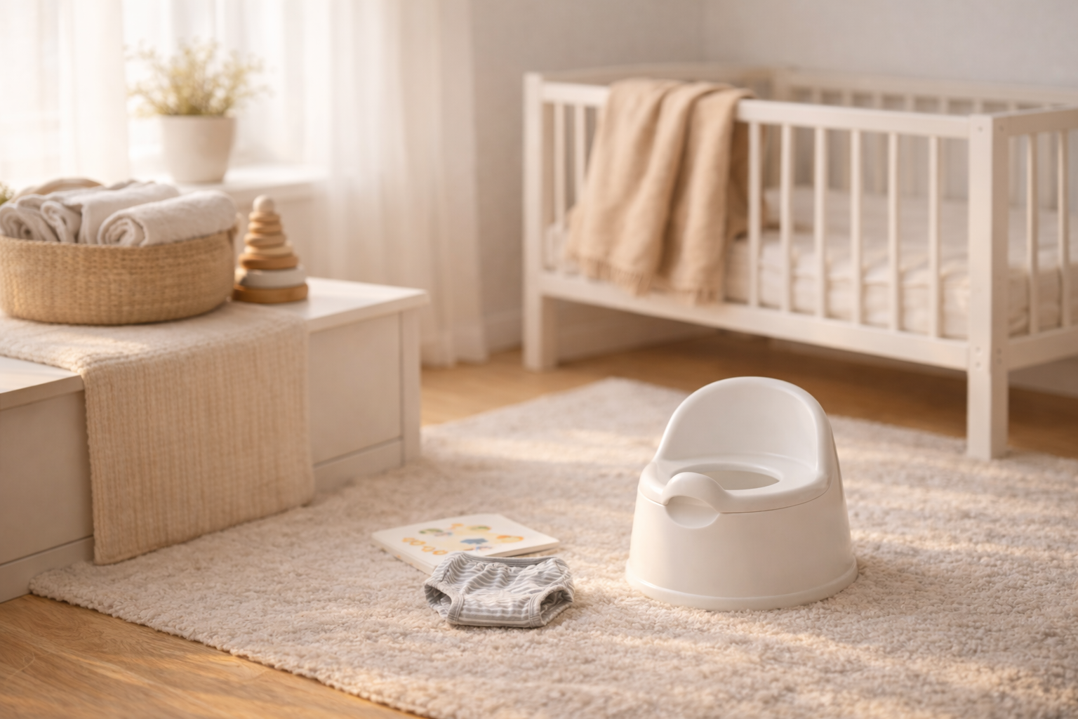 Calm nursery scene with toddler potty and cot in soft natural light